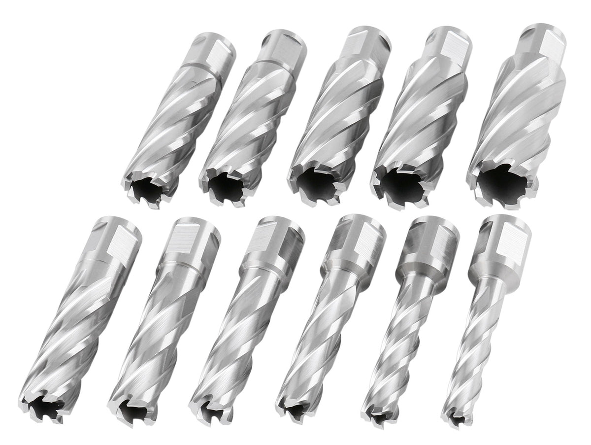 13 Pc 7/16'' to 1-1/16'' H.S.S. Annular Cutters, 2'' Cutting Depth, 3/4'' Weldon Shank, with 2 Pilot Pins, Strong Case, N2