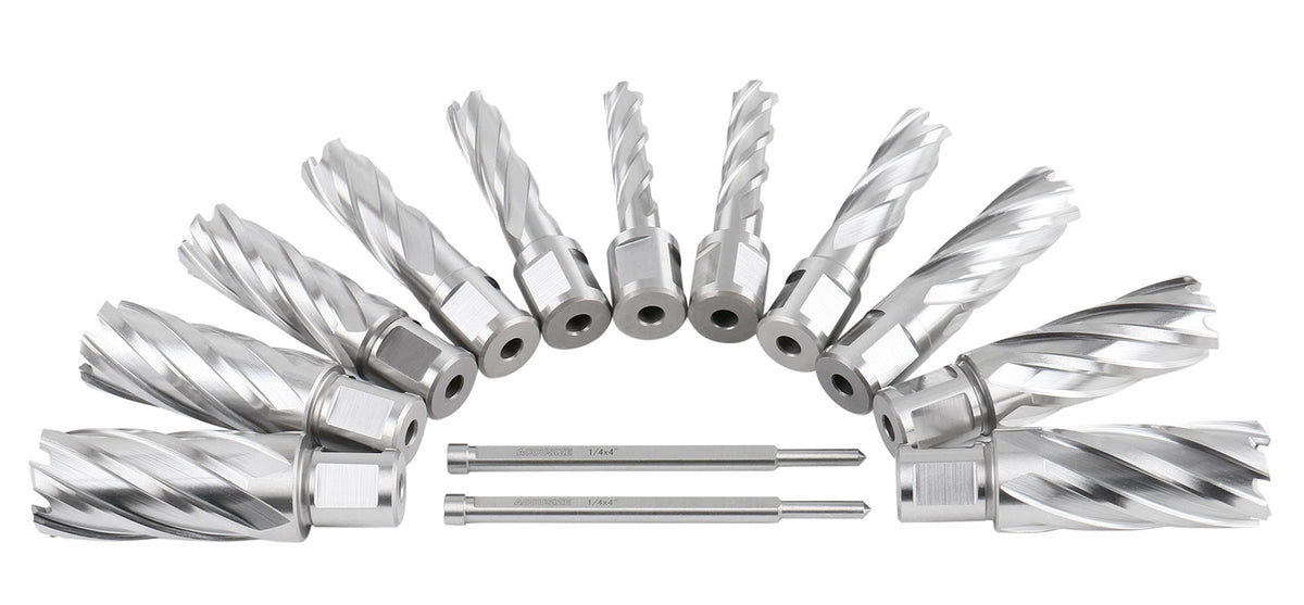 13 Pc 7/16'' to 1-1/16'' H.S.S. Annular Cutters, 2'' Cutting Depth, 3/4'' Weldon Shank, with 2 Pilot Pins, Strong Case, N2
