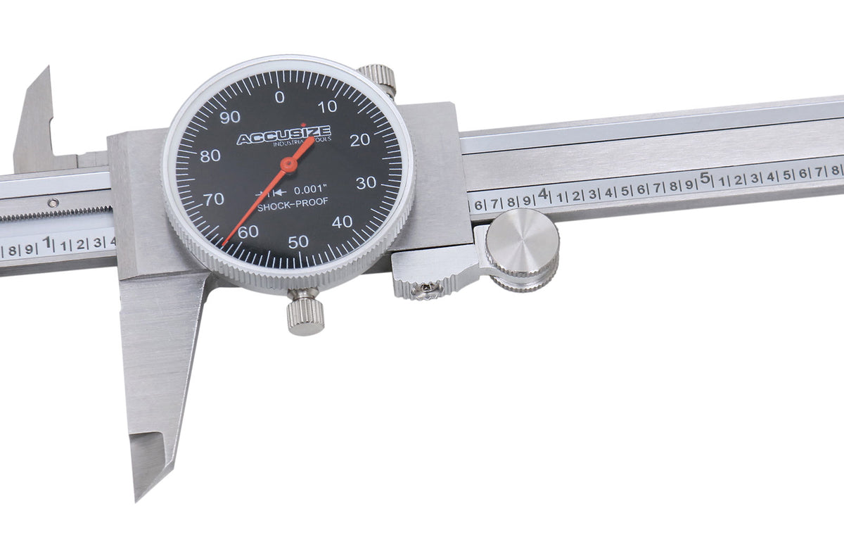 0-6" x 0.001" (Range x Resolution) Dial Caliper, Black Face Red Needle, Stainless Steel in Fitted Box, P920-B216