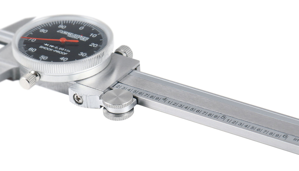 0-6" x 0.001" (Range x Resolution) Dial Caliper, Black Face Red Needle, Stainless Steel in Fitted Box, P920-B216