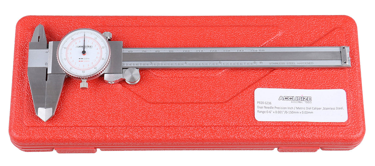 0-6''/0-150 mm by 0.001''/0.02 mm Inch/Metric Dual Needle Precision Dial Caliper Stainless Steel, P920-S236