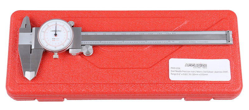 0-6''/0-150 mm by 0.001''/0.02 mm Inch/Metric Dual Needle Precision Dial Caliper Stainless Steel, P920-S236