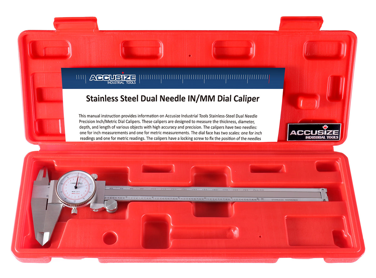 8''/200 mm by 0.001''/0.02 mm Dual Needle Precision Dial Caliper Stainless Steel in Fitted Case, Imperial/Metric, P920-S238