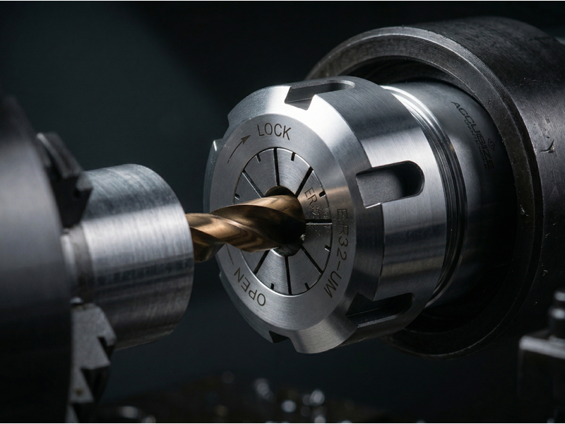 MT2 ER32 collet chuck holding drill bit on metal lathe close-up machining setup