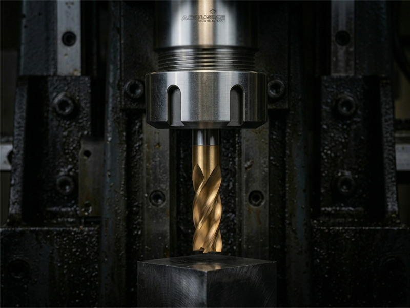 ER32 collet chuck with end mill on milling machine cutting steel block precision setup