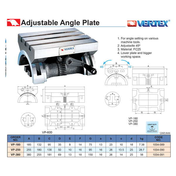 Vertex Adjustable Angle Plate VP-380, 1004-091
