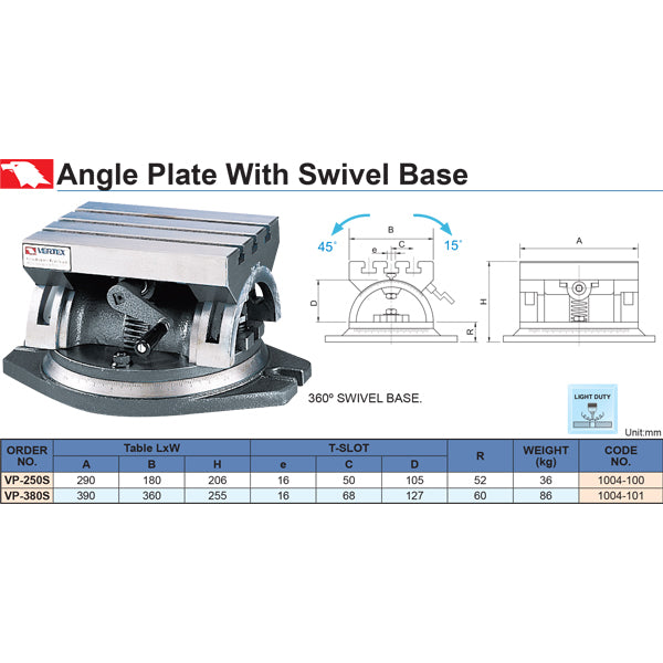 Vertex Adjustable Angle Plate Swivel Type VP-250S, 1004-100