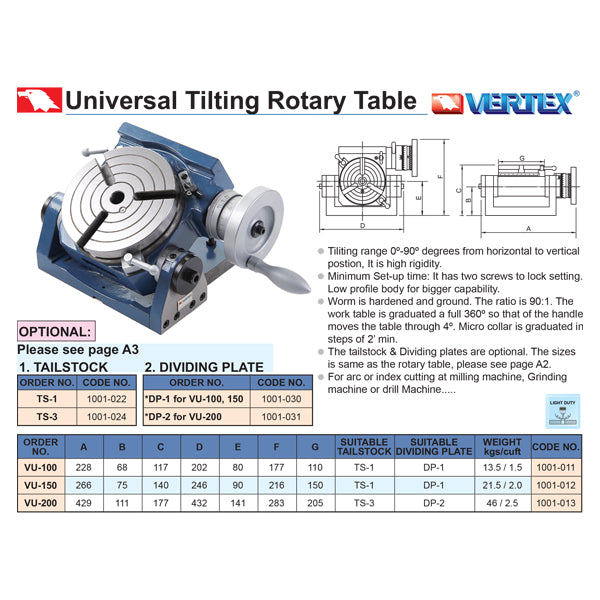 Vertex Universal Tilting Rotary Table VU-200, 1001-013