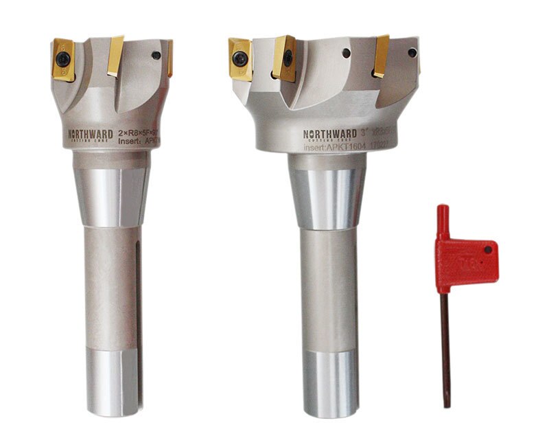 2" x 6-1/8" & 3" x 6-1/4" 90 Degree R8 Shank Indexable End Mills w/ APKT1604 Carbide Inserts, #0028-6906+6908