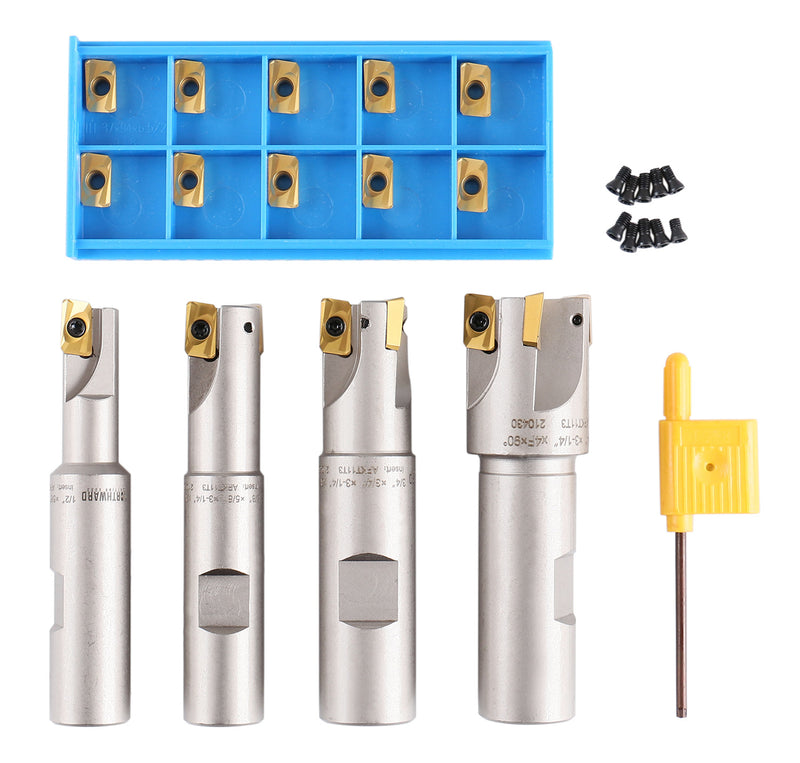 4 Pc 90 Deg Indexable End Mill Set with Apkt11t3 Inserts, Cutter Diameter Includes 1/2'', 5/8'', 3/4'' and 1'', 0028-8416