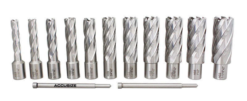 13 Pc/Set, 7/16 po à 1-1/16 po HSS, profondeur de coupe de 2" avec 2 goupilles pilotes dans une boîte en plastique solide, #N2