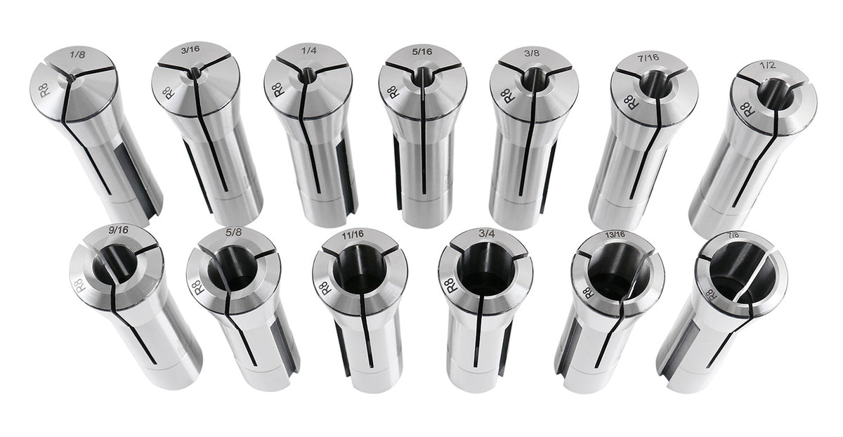 13 Pcs, 1/8-7/8'' by 16ths Precision Grade R8 Collets Hardened and Ground, 0200-0829