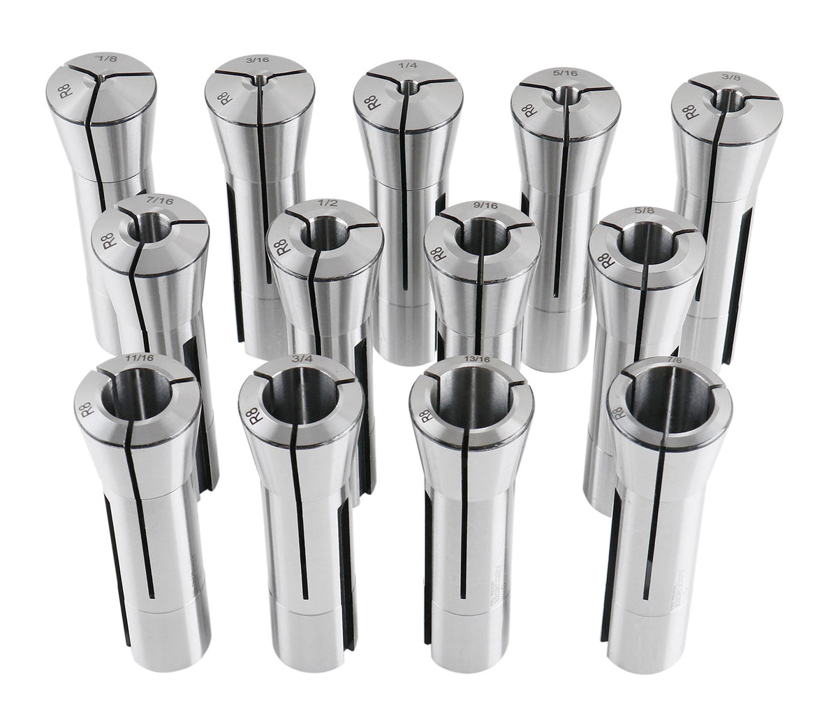 13 Pcs, 1/8-7/8'' by 16ths Precision Grade R8 Collets Hardened and Ground, 0200-0829