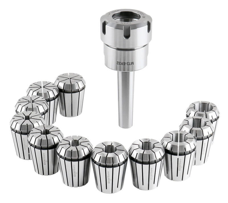 Mt2 Shank Er32 Chuck with 11Pc Collets Kit, 1/8'' - 3/4'' by 16Th, Morse Taper Collet System, 0223-0303
