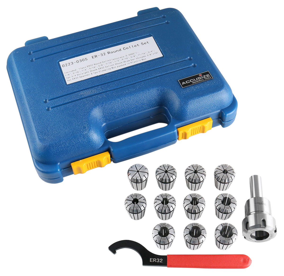 3/4‘’ Straight Shank Er32 Chuck with 11 Pcs Collets Kit, 1/8''-3/4'' by 16th, 0223-0305