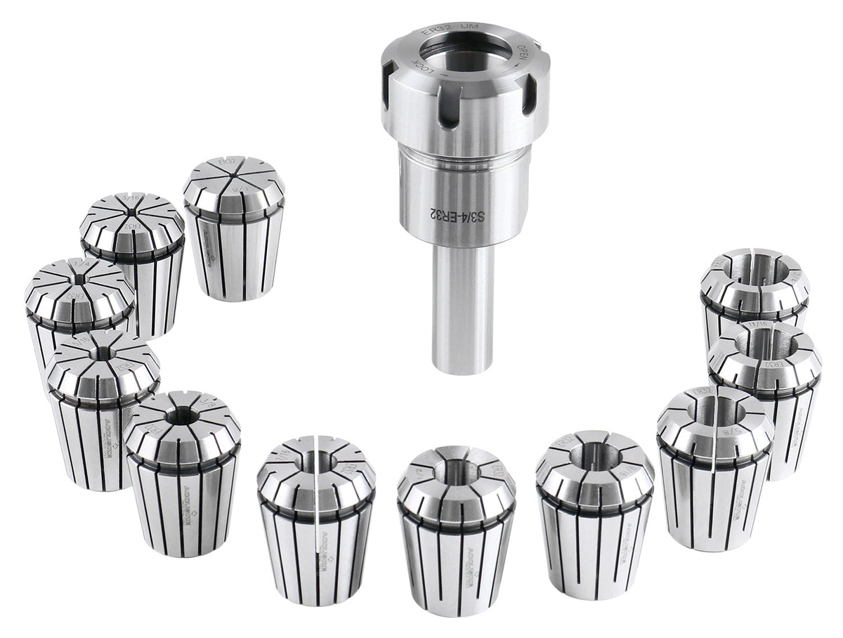 3/4‘’ Straight Shank Er32 Chuck with 11 Pcs Collets Kit, 1/8''-3/4'' by 16th, 0223-0305