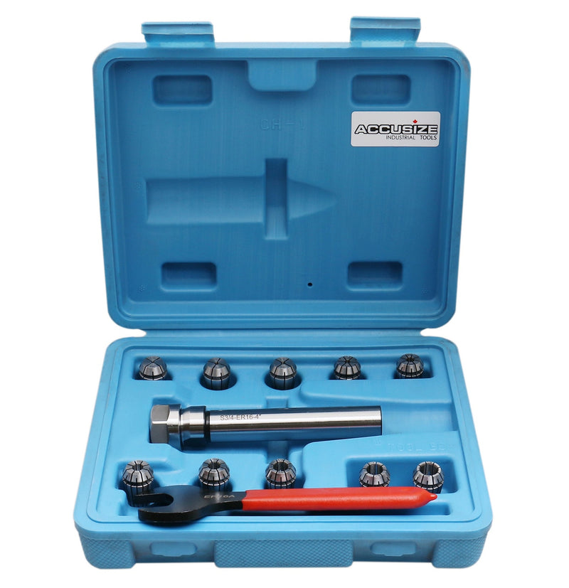 10 Pc ER16 Collet Set, 1/32" to 3/8",  3/4" x 3.35" Chuck Holder + Wrench in Fitted Strong Box,