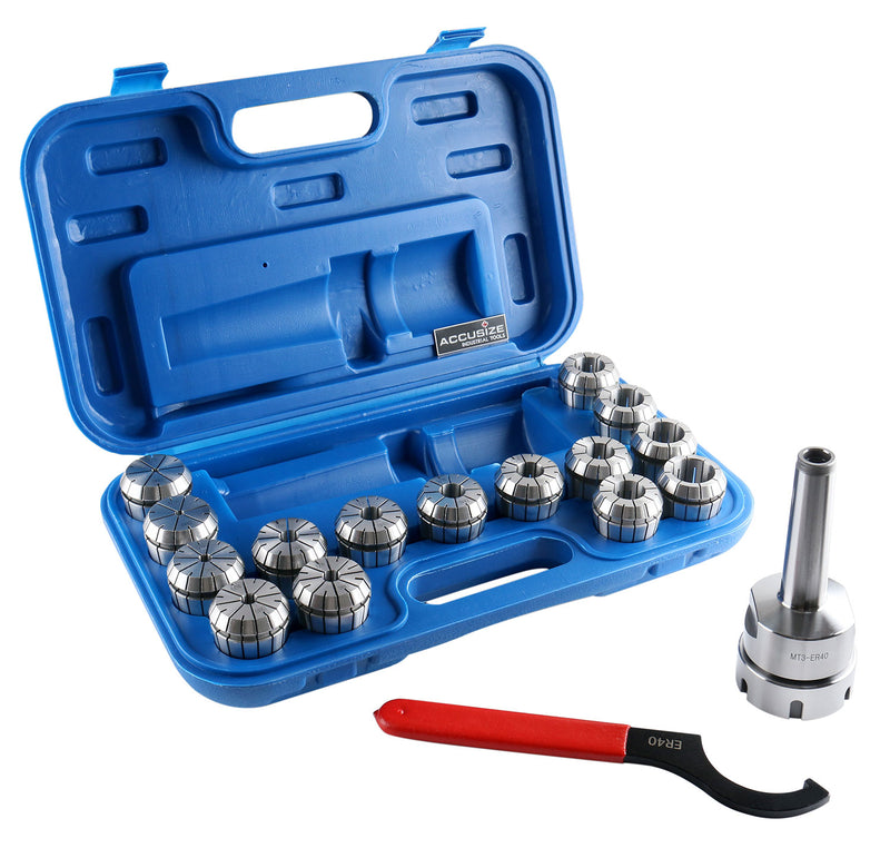 MT3 Shank ER40 Chuck with 15Pc Collets Kit, 1/8 inch - 1 inch by 16th, Morse Taper Collet System, 0223-0308