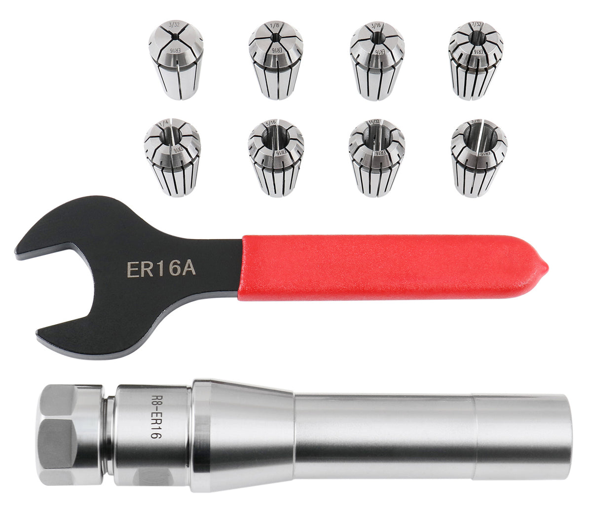 R8 Shank Plus 8 Pcs Er16 Collet System and 1 Wrench in a Fitted Box, 0223-0944
