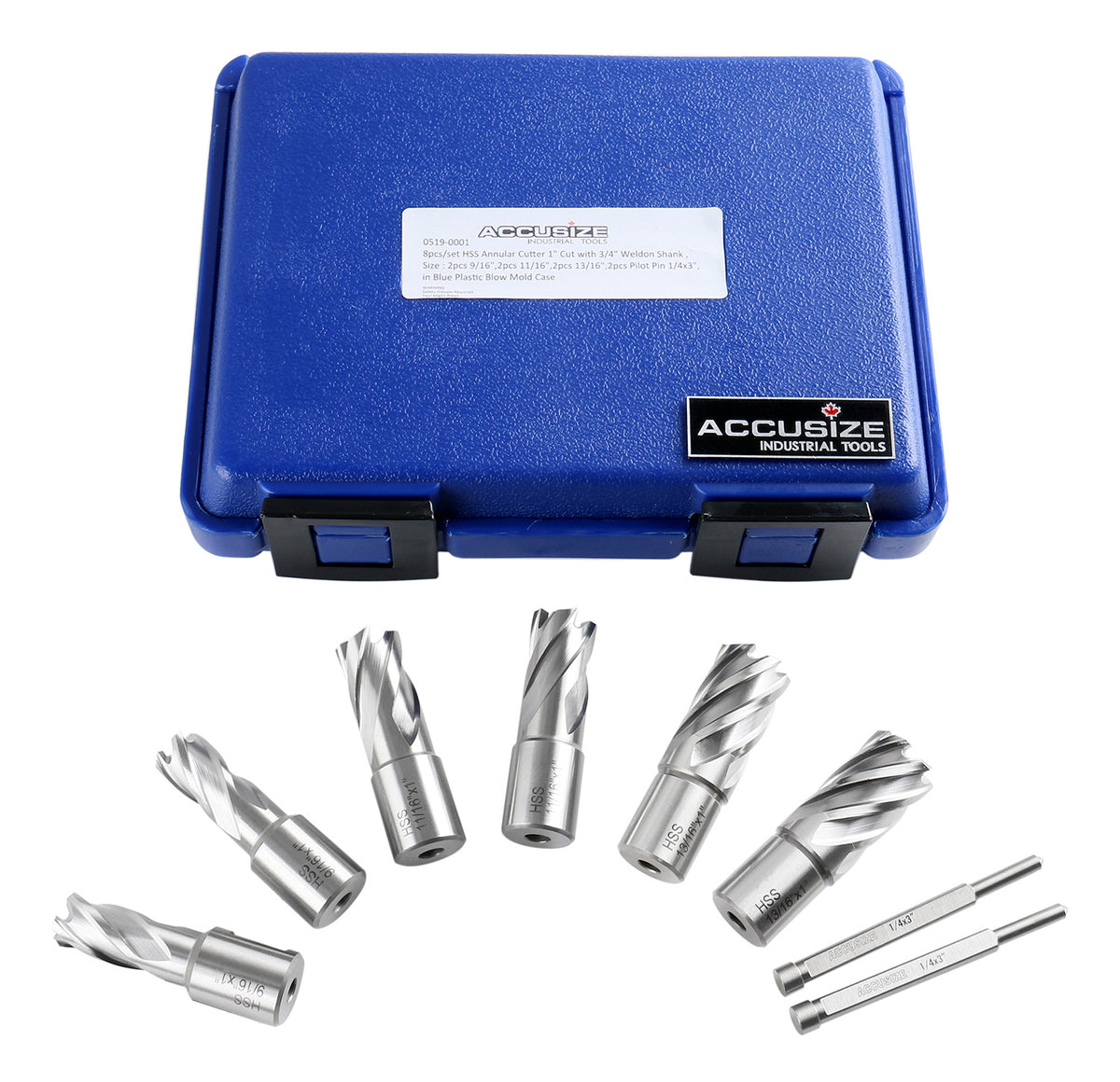 Slugger Cutter Set 1" Cutting Depth with 3/4" Weldon Shank, 9/16'', 11/16'', 13/16'' Cutting Diameter, 8 Pcs/Set, 0519-0001