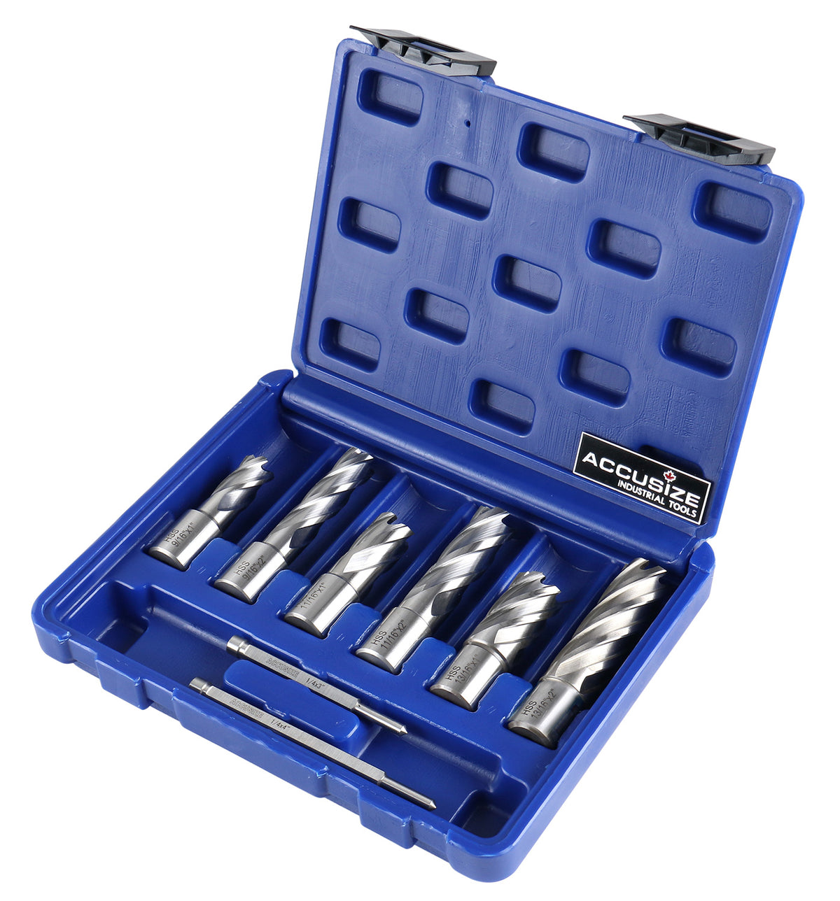 Slugger Cutter Set, 9/16", 11/13", & 13/16" Cut Dia, 1" & 2" Cut Depth, 3/4" Weldon Shank, 2 Pilot Pins, 8 Pcs, 0519-0002