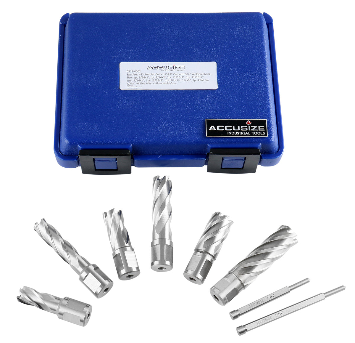 Slugger Cutter Set, 9/16", 11/13", & 13/16" Cut Dia, 1" & 2" Cut Depth, 3/4" Weldon Shank, 2 Pilot Pins, 8 Pcs, 0519-0002