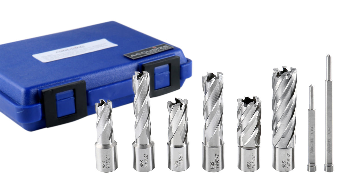 Slugger Cutter Set, 9/16", 11/13", & 13/16" Cut Dia, 1" & 2" Cut Depth, 3/4" Weldon Shank, 2 Pilot Pins, 8 Pcs, 0519-0002