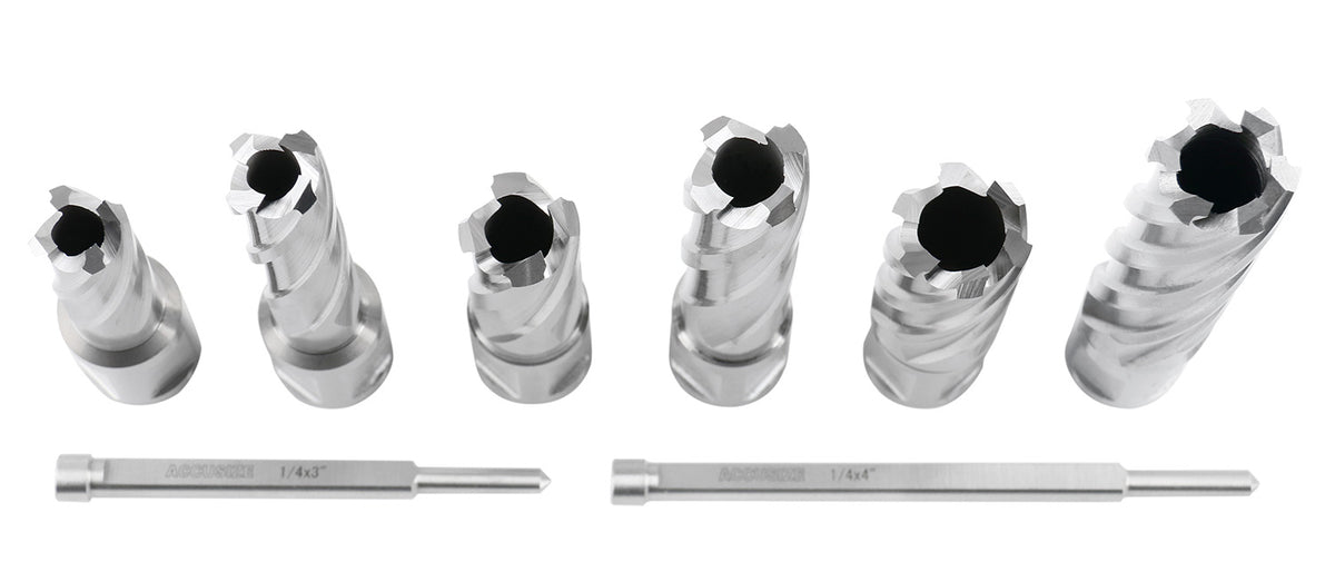 Slugger Cutter Set, 9/16", 11/13", & 13/16" Cut Dia, 1" & 2" Cut Depth, 3/4" Weldon Shank, 2 Pilot Pins, 8 Pcs, 0519-0002