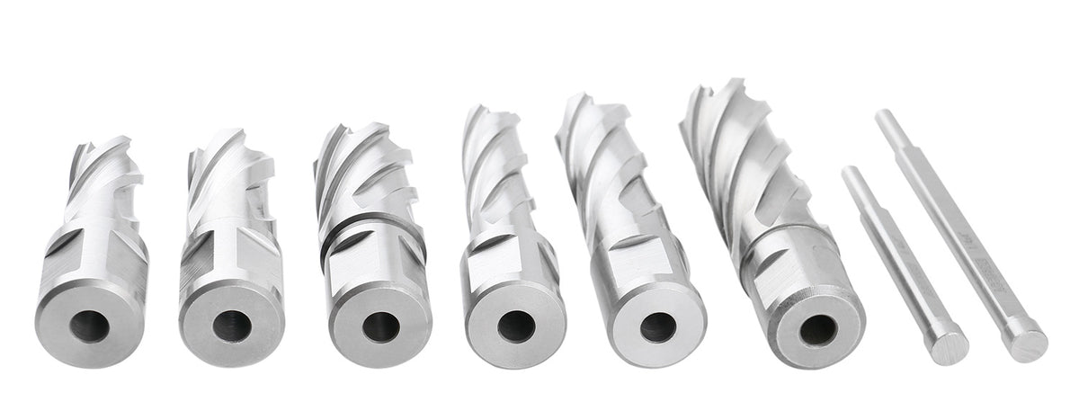 Slugger Cutter Set, 9/16", 11/13", & 13/16" Cut Dia, 1" & 2" Cut Depth, 3/4" Weldon Shank, 2 Pilot Pins, 8 Pcs, 0519-0002