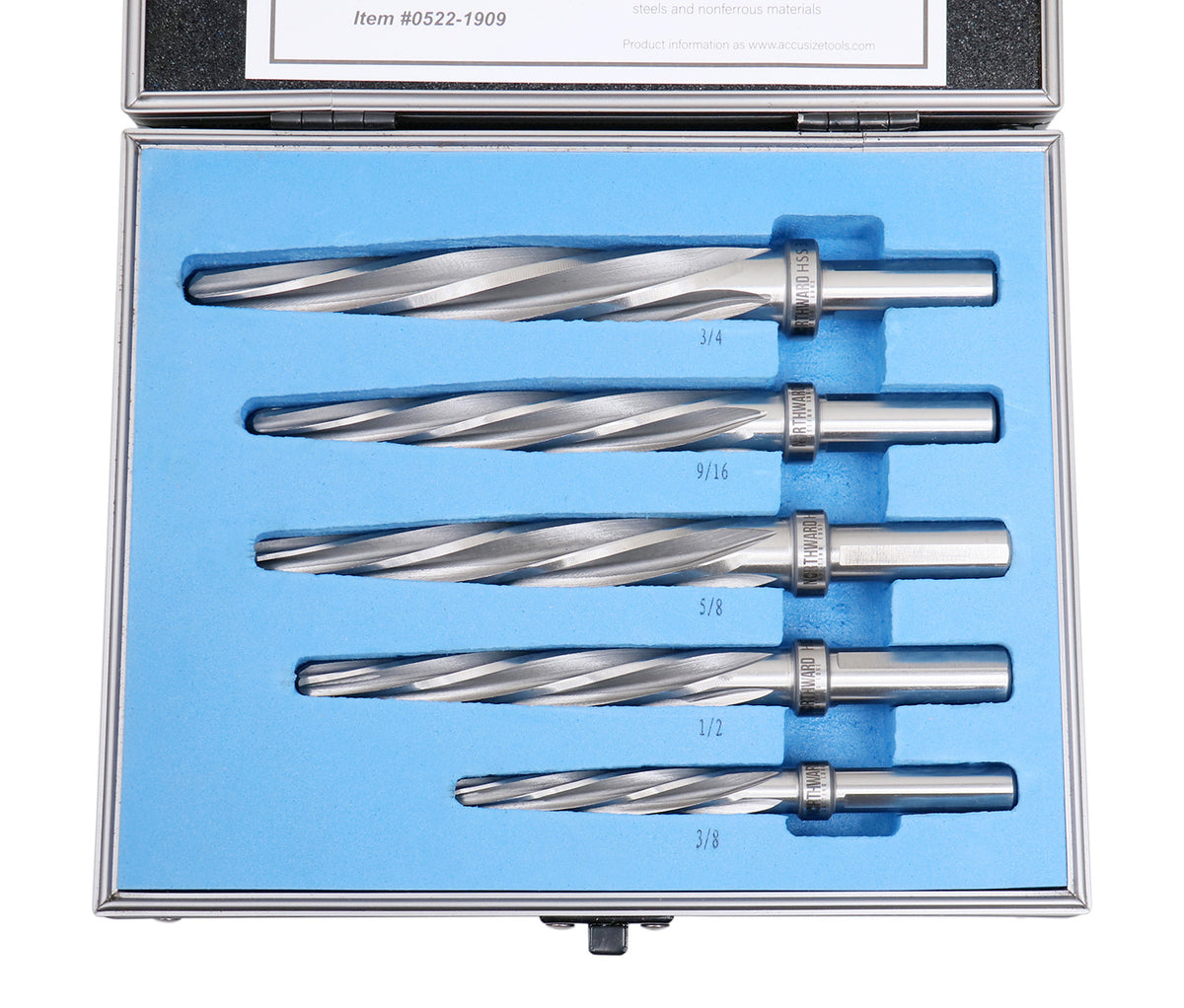 5 Pc H.S.S. Spiral Flute Super Premium Car Reamer Set, 3/8", 1/2", 9/16'', 5/8", 3/4" to Fit 3/8" or 1/2'' Shank Chuck, Aluminum Case