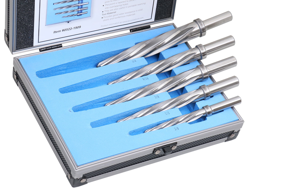 5 Pc H.S.S. Spiral Flute Super Premium Car Reamer Set, 3/8", 1/2", 9/16'', 5/8", 3/4" to Fit 3/8" or 1/2'' Shank Chuck, Aluminum Case