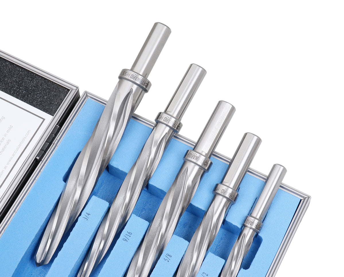 5 Pc H.S.S. Spiral Flute Super Premium Car Reamer Set, 3/8", 1/2", 9/16'', 5/8", 3/4" to Fit 3/8" or 1/2'' Shank Chuck, Aluminum Case