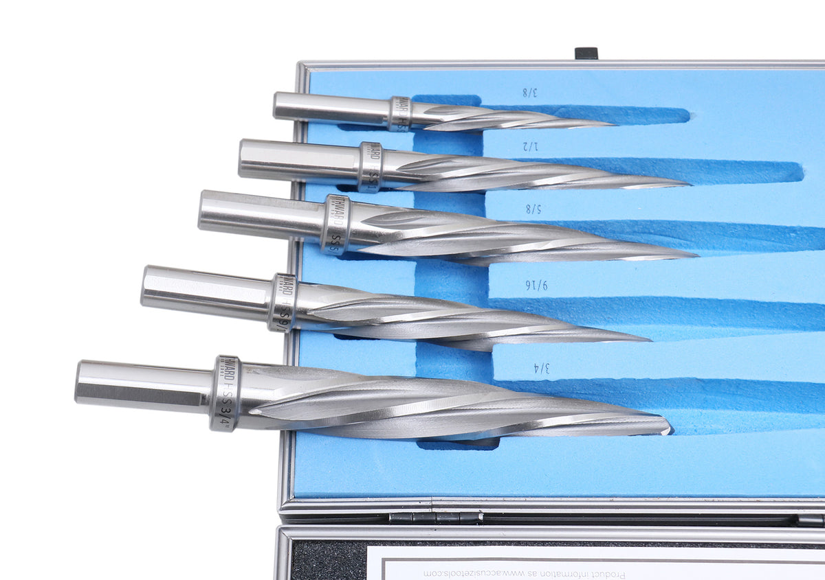 5 Pc H.S.S. Spiral Flute Super Premium Car Reamer Set, 3/8", 1/2", 9/16'', 5/8", 3/4" to Fit 3/8" or 1/2'' Shank Chuck, Aluminum Case