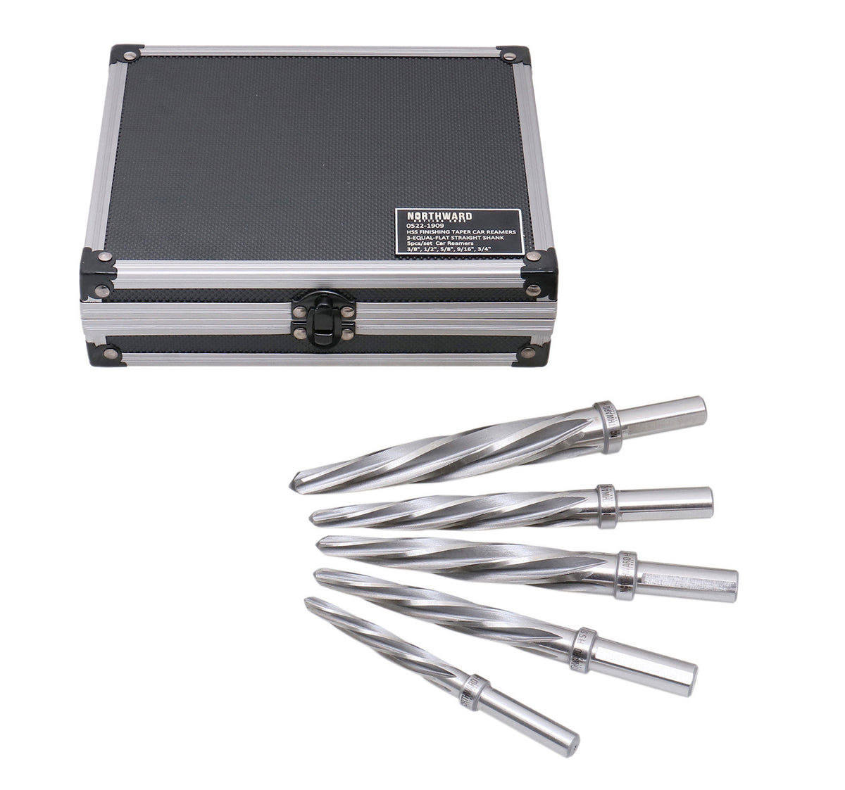 5 Pc H.S.S. Spiral Flute Super Premium Car Reamer Set, 3/8", 1/2", 9/16'', 5/8", 3/4" to Fit 3/8" or 1/2'' Shank Chuck, Aluminum Case
