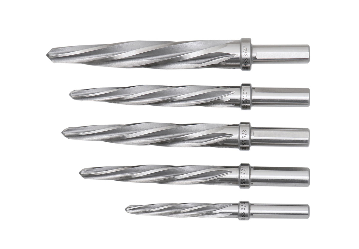 5 Pc H.S.S. Spiral Flute Super Premium Car Reamer Set, 3/8", 1/2", 9/16'', 5/8", 3/4" to Fit 3/8" or 1/2'' Shank Chuck, Aluminum Case