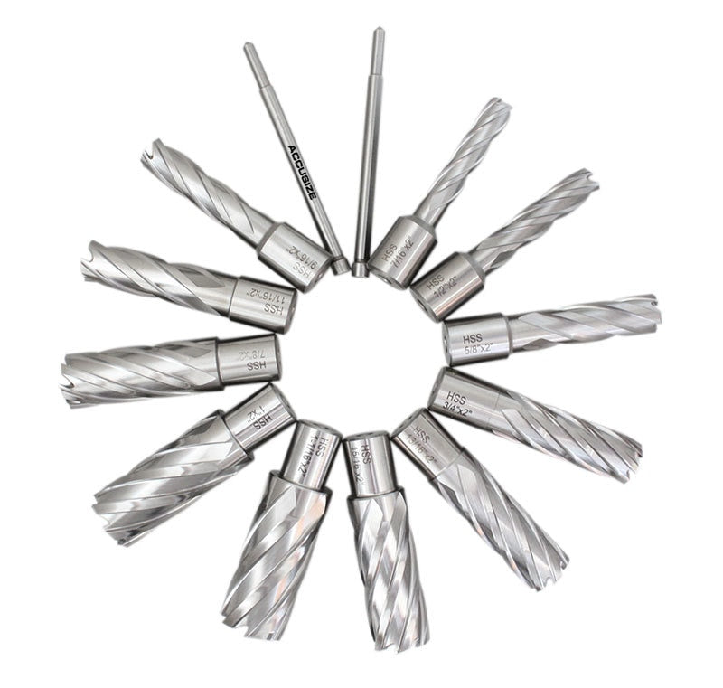 13 Pc/Set, 7/16 po à 1-1/16 po HSS, profondeur de coupe de 2" avec 2 goupilles pilotes dans une boîte en plastique solide, #N2