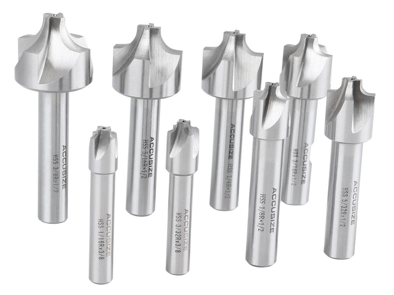 H.S.S. Corner Rounding End Mill Set Size from 1/16'' to 3/8'', 8 Pcs, 1011-0008