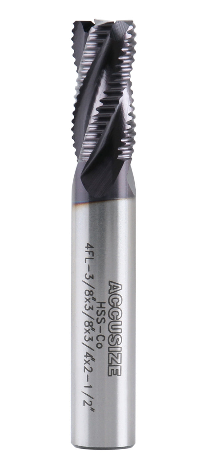 3/8'' Fine Tooth M42 8% Cobalt Tialn Roughing End Mill, 3/8'' Shk Dia, 3/4'' Flute Length, 2-1/2'' Oal, 4 Flute, 1104-0038
