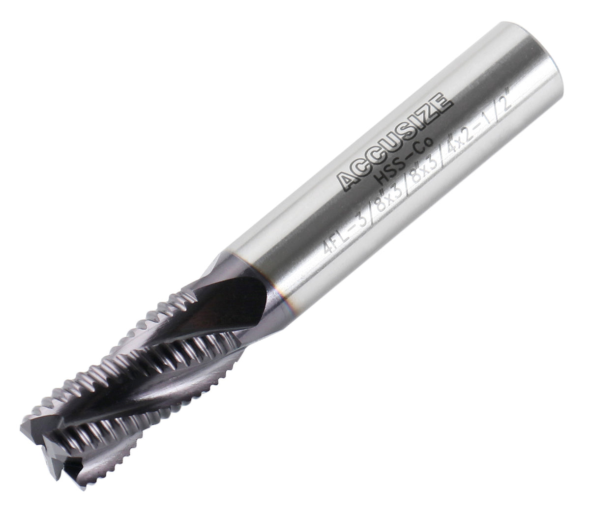 3/8'' Fine Tooth M42 8% Cobalt Tialn Roughing End Mill, 3/8'' Shk Dia, 3/4'' Flute Length, 2-1/2'' Oal, 4 Flute, 1104-0038