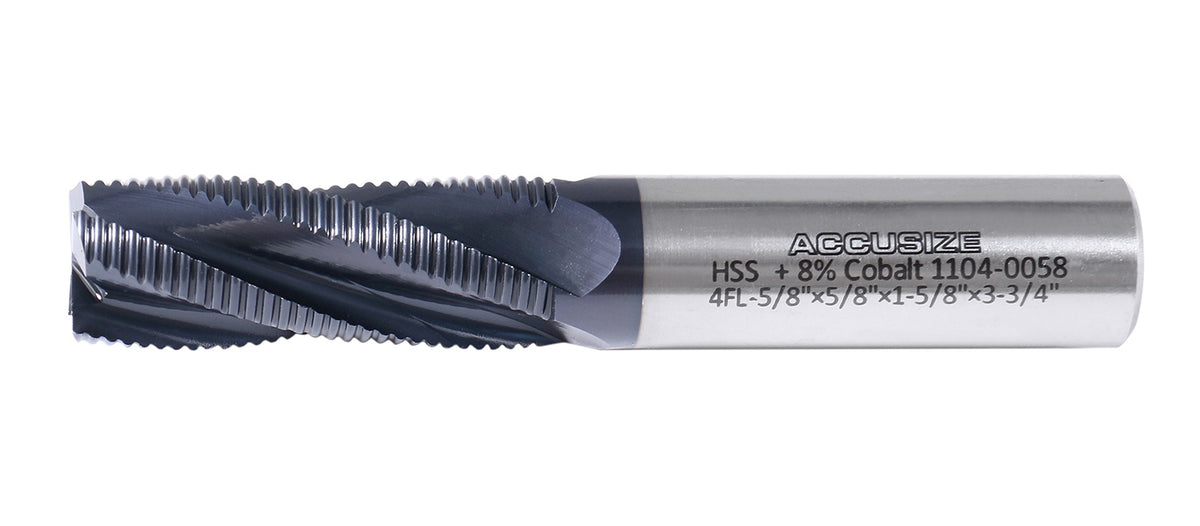 5/8'' Fine Tooth M42 8% Cobalt Tialn Roughing End Mill, 5/8'' Shk Dia, 1-5/8'' Flute Length, 3-3/4'' Oal, 4 Flute, 1104-0058