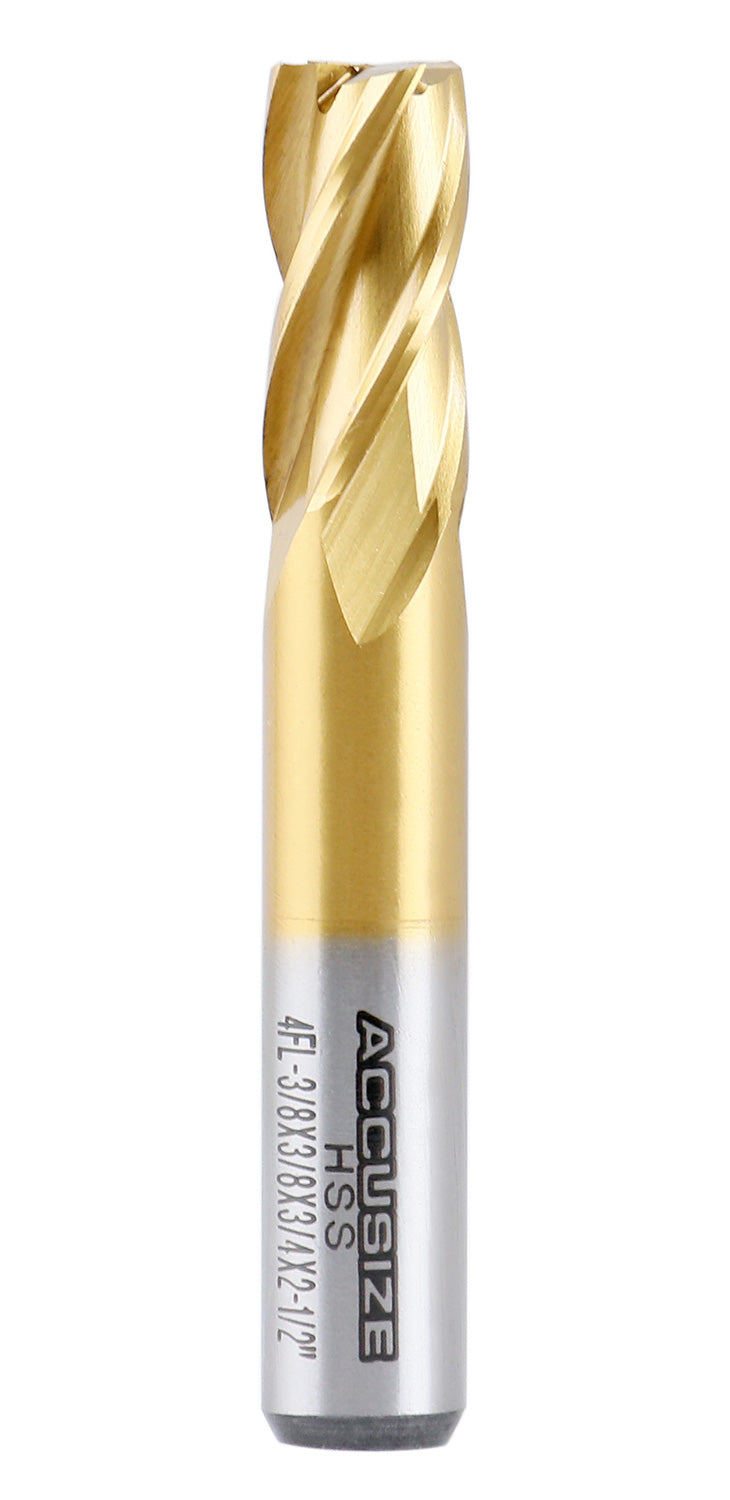 3/8'' Dia, 3/8'' Shk Dia, 3/4'' Flt Length, 2-1/2'' Oal, H.S.S. Finishing, Tin Coating End Mill, 1400-3209