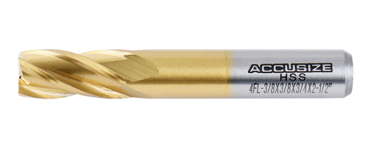 3/8'' Dia, 3/8'' Shk Dia, 3/4'' Flt Length, 2-1/2'' Oal, H.S.S. Finishing, Tin Coating End Mill, 1400-3209