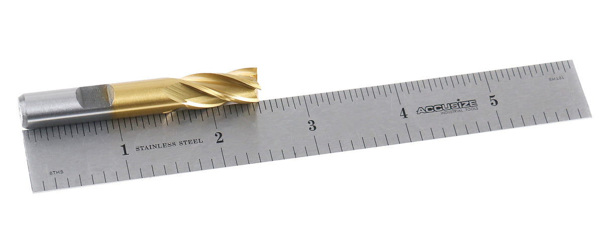 3/8'' Dia, 3/8'' Shk Dia, 3/4'' Flt Length, 2-1/2'' Oal, H.S.S. Finishing, Tin Coating End Mill, 1400-3209
