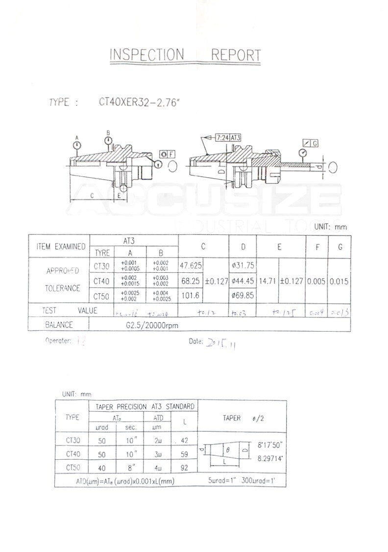 2001-0015x10, 10 Pcs Premium CAT40-ER32 V-Flange Collet Chucks, Proj. Length 2.76", Balanced to 20,000 RPM at G2.5
