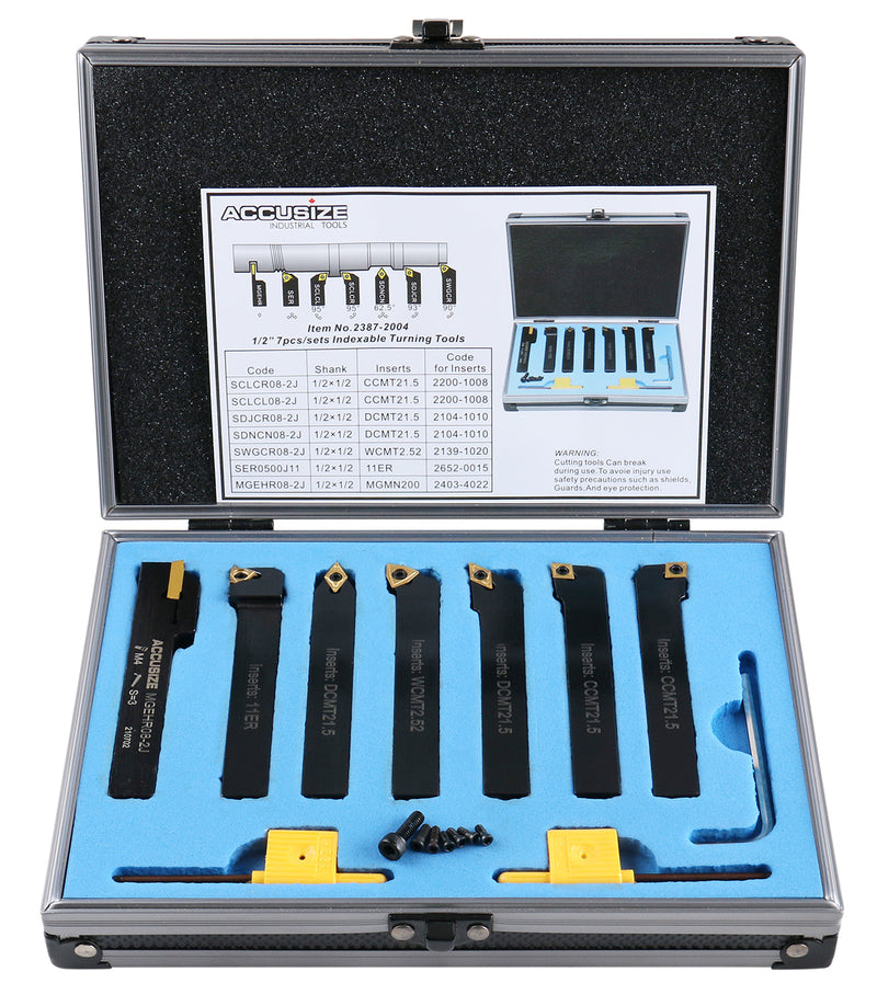 7 Pieces/Set 1/2'' Indexable Carbide Turning Tool Set in Fitted Box, 2387-2004