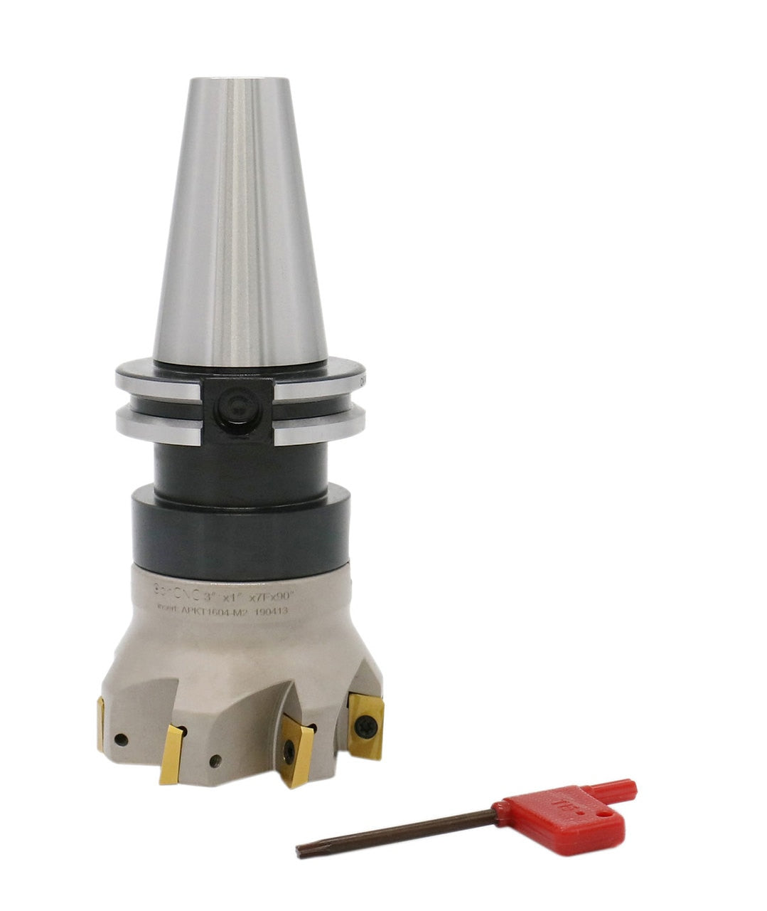 3" Dia.  7 FLute, 90° Square Shoulder Indexable Face Mill with 7pc APKT1604 Inserts Installed with Caterpillar V-Flange CAT-40 Face Mill Holder, #7104-4518