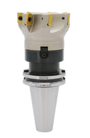 3" Dia.  7 FLute, 90° Square Shoulder Indexable Face Mill with 7pc APKT1604 Inserts Installed with Caterpillar V-Flange CAT-40 Face Mill Holder,