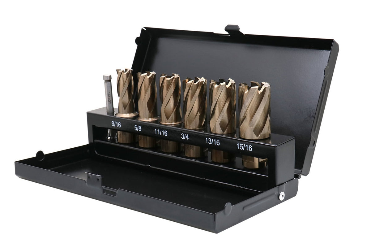 Jeu de 7 couteaux annulaires M35 (H.S.S. plus 5 % de cobalt), 9/16 po à 15/16 po, tige Weldon 3/4", profondeur de coupe de 1 po, 1 pince pilote, #AC01 -1000