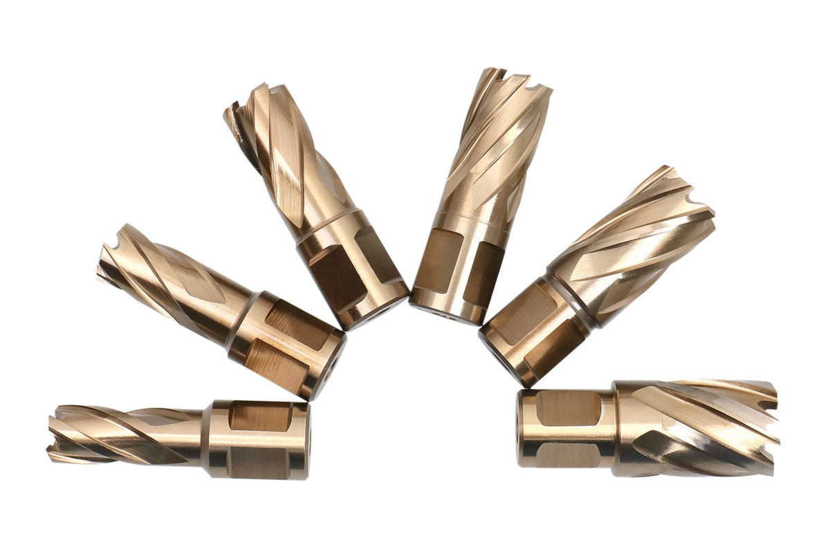 Jeu de 7 couteaux annulaires M35 (H.S.S. plus 5 % de cobalt), 9/16 po à 15/16 po, tige Weldon 3/4", profondeur de coupe de 1 po, 1 pince pilote, #AC01 -1000
