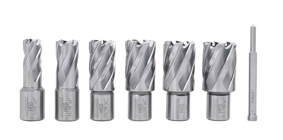 7 ps/set de couteaux annulaires HSS, coupe de profondeur 1", avec tige Weldon 3/4" & une goupille pilote, #BD01 -0000
